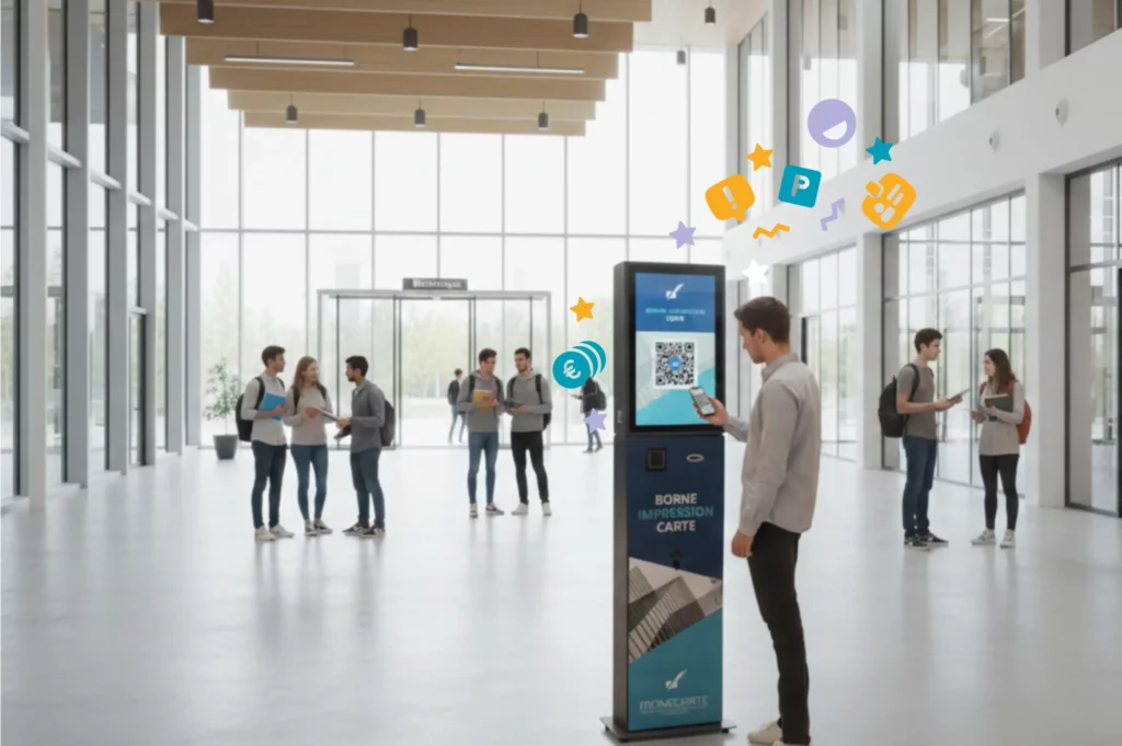 Étudiant scanne sa carte à un borne d’impression dans un hall universitaire, avec interface numérique et icônes coloré